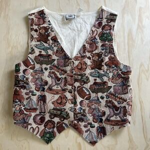 Vintage Imaginations Vest Womens 2X Multicolor Tapestry Toy Print Button Front